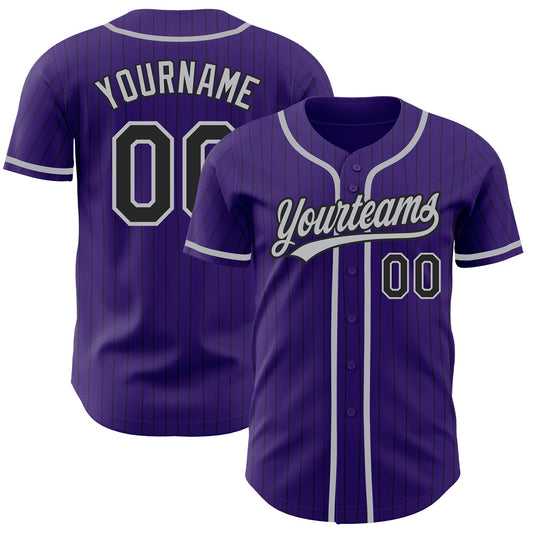 Custom Purple Black Pinstripe Gray Authentic Baseball Jersey - Sky-Custom