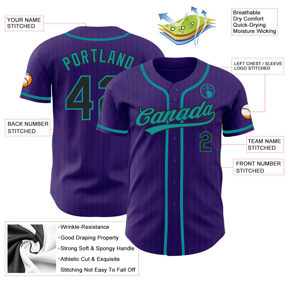 Custom Purple Black Pinstripe Teal Authentic Baseball Jersey - Sky-Custom