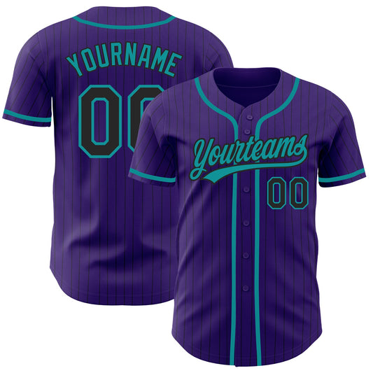 Custom Purple Black Pinstripe Teal Authentic Baseball Jersey - Sky-Custom