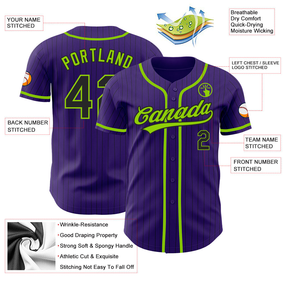 Custom Purple Black Pinstripe Neon Green Authentic Baseball Jersey - Sky-Custom