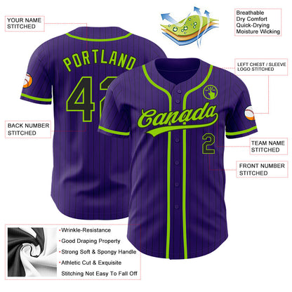 Custom Purple Black Pinstripe Neon Green Authentic Baseball Jersey - Sky-Custom