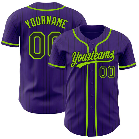 Custom Purple Black Pinstripe Neon Green Authentic Baseball Jersey - Sky-Custom