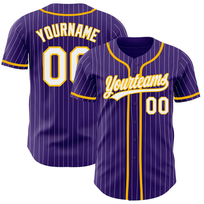Custom Purple White Pinstripe Gold Authentic Baseball Jersey - Sky-Custom