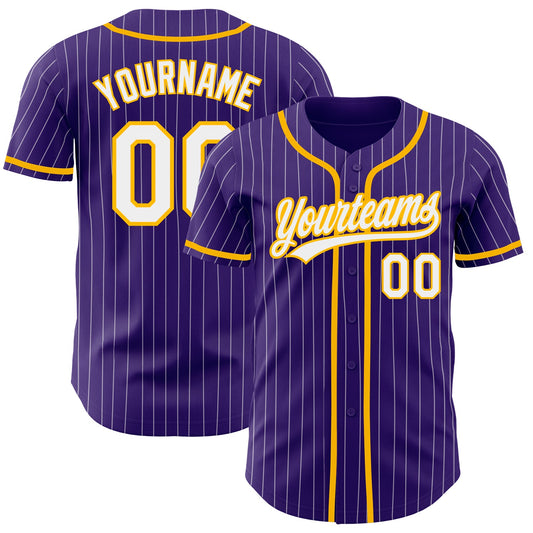 Custom Purple White Pinstripe Gold Authentic Baseball Jersey - Sky-Custom