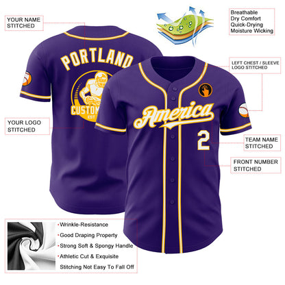 Custom Purple White-Gold Authentic Baseball Jersey - Sky-Custom