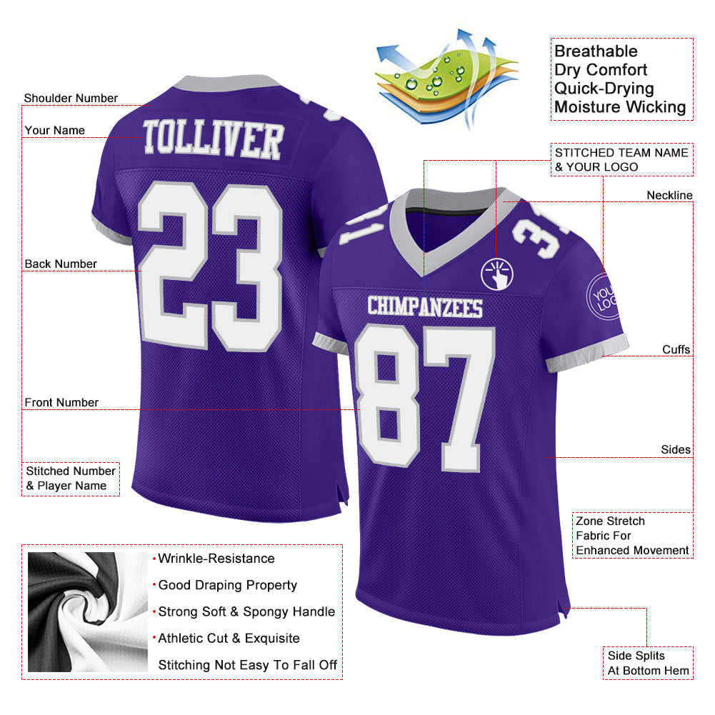 Custom Purple White-Gray Mesh Authentic Football Jersey - Sky-Custom