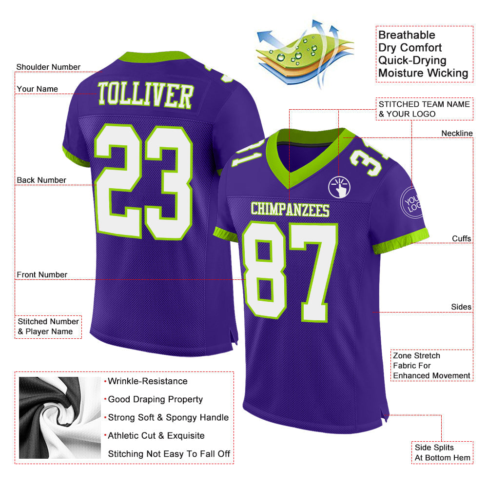 Custom Purple White-Neon Green Mesh Authentic Football Jersey - Sky-Custom