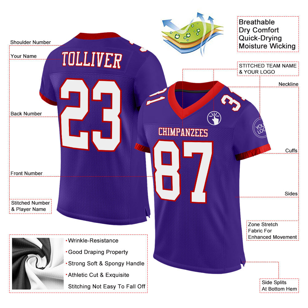 Custom Purple White-Red Mesh Authentic Football Jersey - Sky-Custom