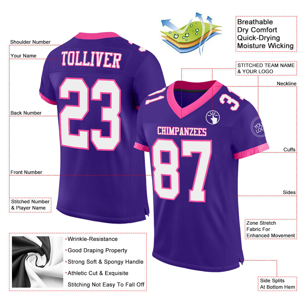 Custom Purple White-Pink Mesh Authentic Football Jersey - Sky-Custom
