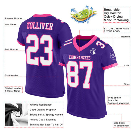 Custom Purple White-Pink Mesh Authentic Football Jersey - Sky-Custom