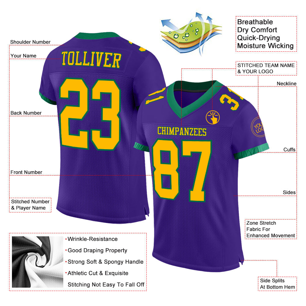 Custom Purple Gold-Kelly Green Mesh Authentic Football Jersey - Sky-Custom