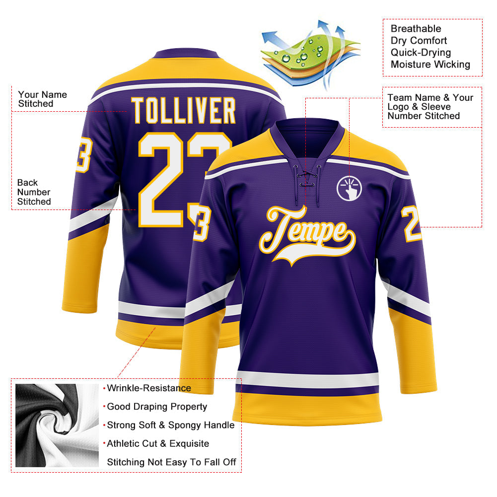 Custom Purple White-Gold Hockey Lace Neck Jersey - Sky-Custom