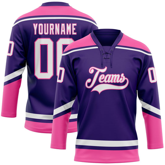 Custom Purple White-Pink Hockey Lace Neck Jersey - Sky-Custom