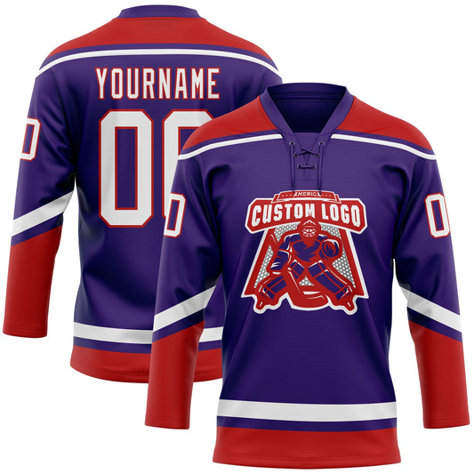Custom Purple White-Red Hockey Lace Neck Jersey - Sky-Custom