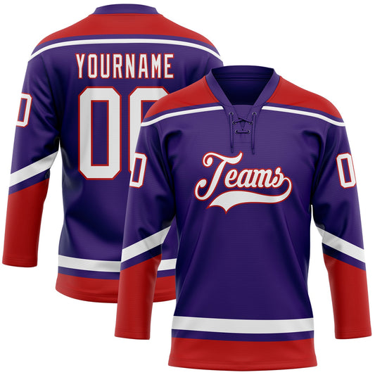 Custom Purple White-Red Hockey Lace Neck Jersey - Sky-Custom