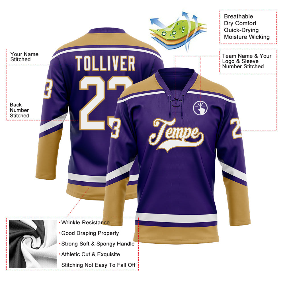 Custom Purple White-Old Gold Hockey Lace Neck Jersey - Sky-Custom