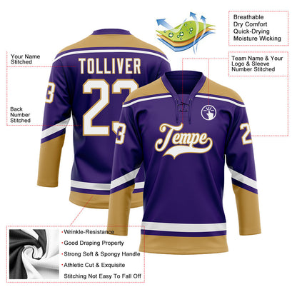 Custom Purple White-Old Gold Hockey Lace Neck Jersey - Sky-Custom