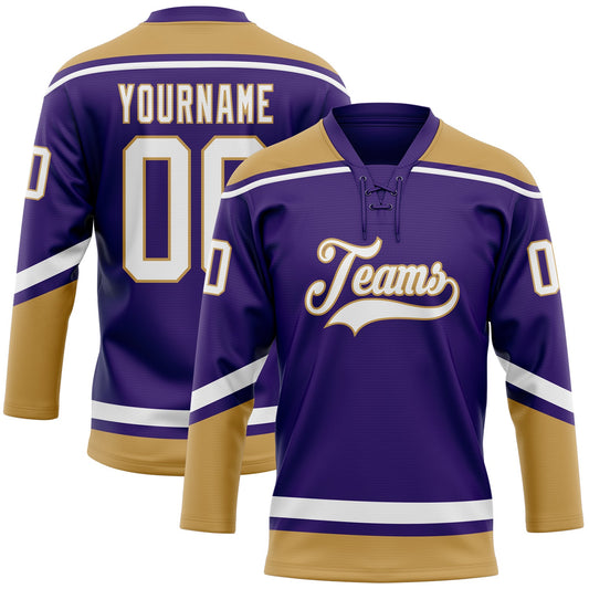 Custom Purple White-Old Gold Hockey Lace Neck Jersey - Sky-Custom