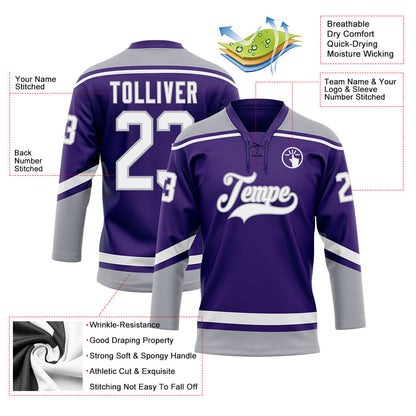 Custom Purple White-Gray Hockey Lace Neck Jersey - Sky-Custom