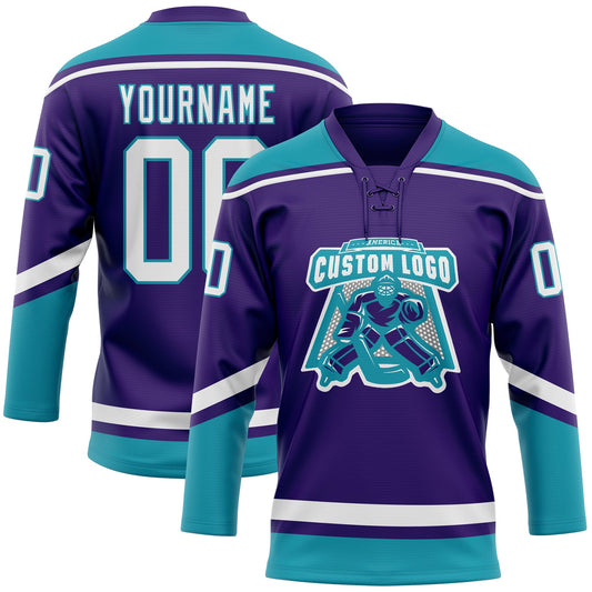 Custom Purple White-Teal Hockey Lace Neck Jersey - Sky-Custom