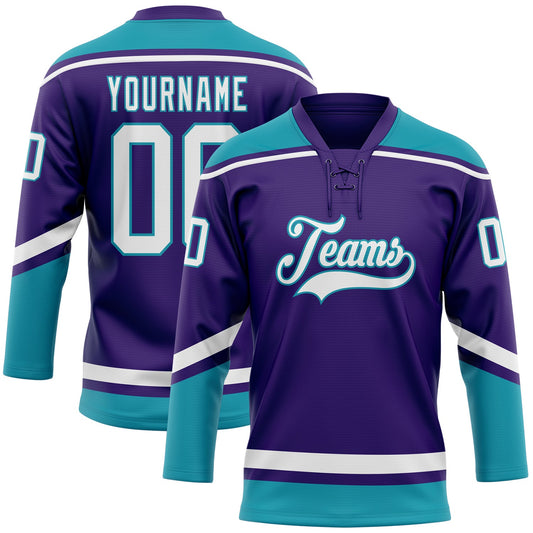 Custom Purple White-Teal Hockey Lace Neck Jersey - Sky-Custom