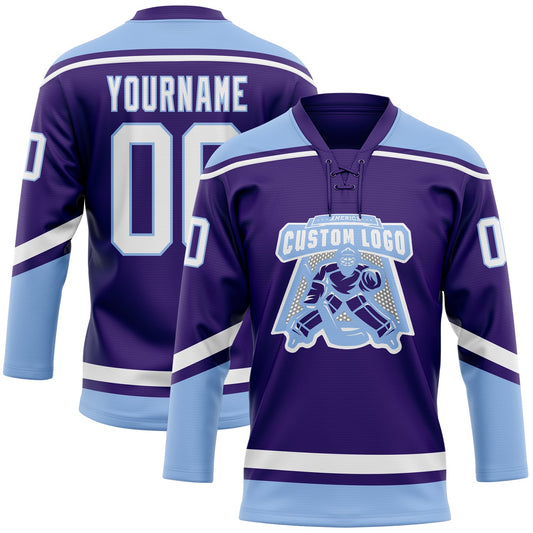 Custom Purple White-Light Blue Hockey Lace Neck Jersey - Sky-Custom