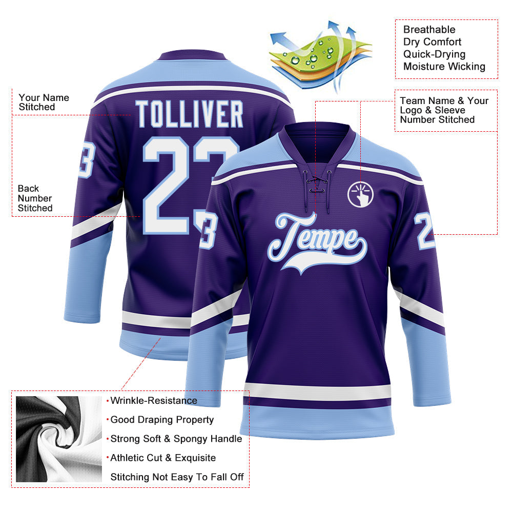 Custom Purple White-Light Blue Hockey Lace Neck Jersey - Sky-Custom