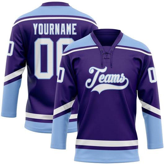 Custom Purple White-Light Blue Hockey Lace Neck Jersey - Sky-Custom