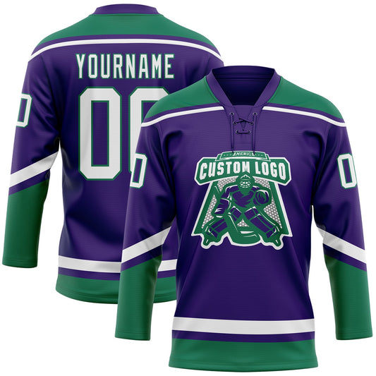 Custom Purple White-Kelly Green Hockey Lace Neck Jersey - Sky-Custom