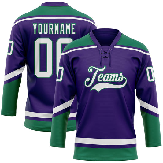 Custom Purple White-Kelly Green Hockey Lace Neck Jersey - Sky-Custom