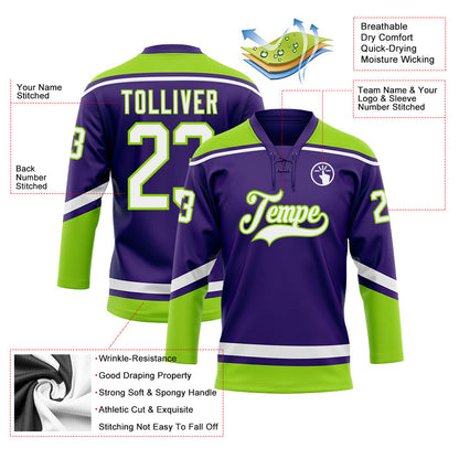 Custom Purple White-Neon Green Hockey Lace Neck Jersey - Sky-Custom