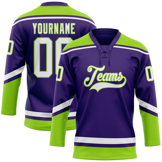 Custom Purple White-Neon Green Hockey Lace Neck Jersey - Sky-Custom