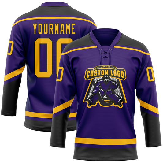 Custom Purple Gold-Black Hockey Lace Neck Jersey - Sky-Custom