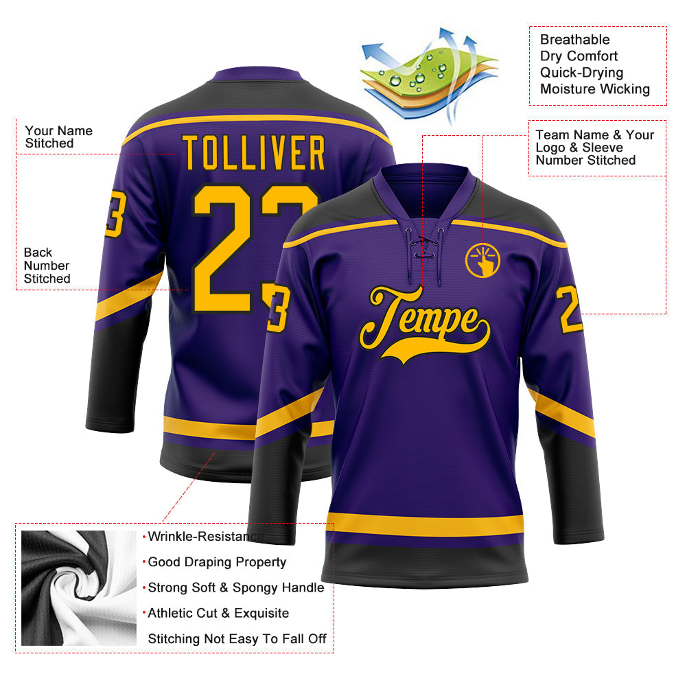 Custom Purple Gold-Black Hockey Lace Neck Jersey - Sky-Custom