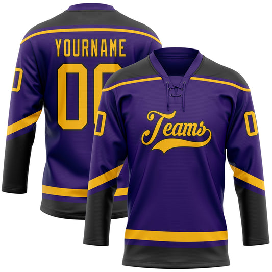 Custom Purple Gold-Black Hockey Lace Neck Jersey - Sky-Custom