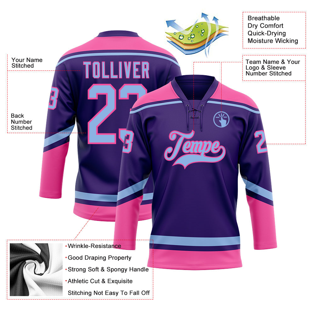 Custom Purple Light Blue-Pink Hockey Lace Neck Jersey - Sky-Custom
