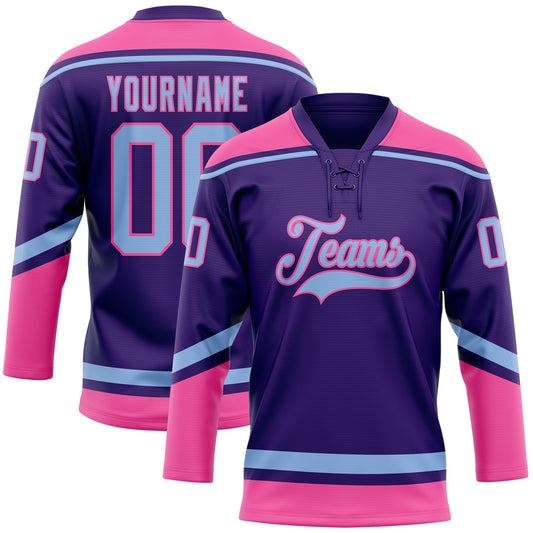 Custom Purple Light Blue-Pink Hockey Lace Neck Jersey - Sky-Custom