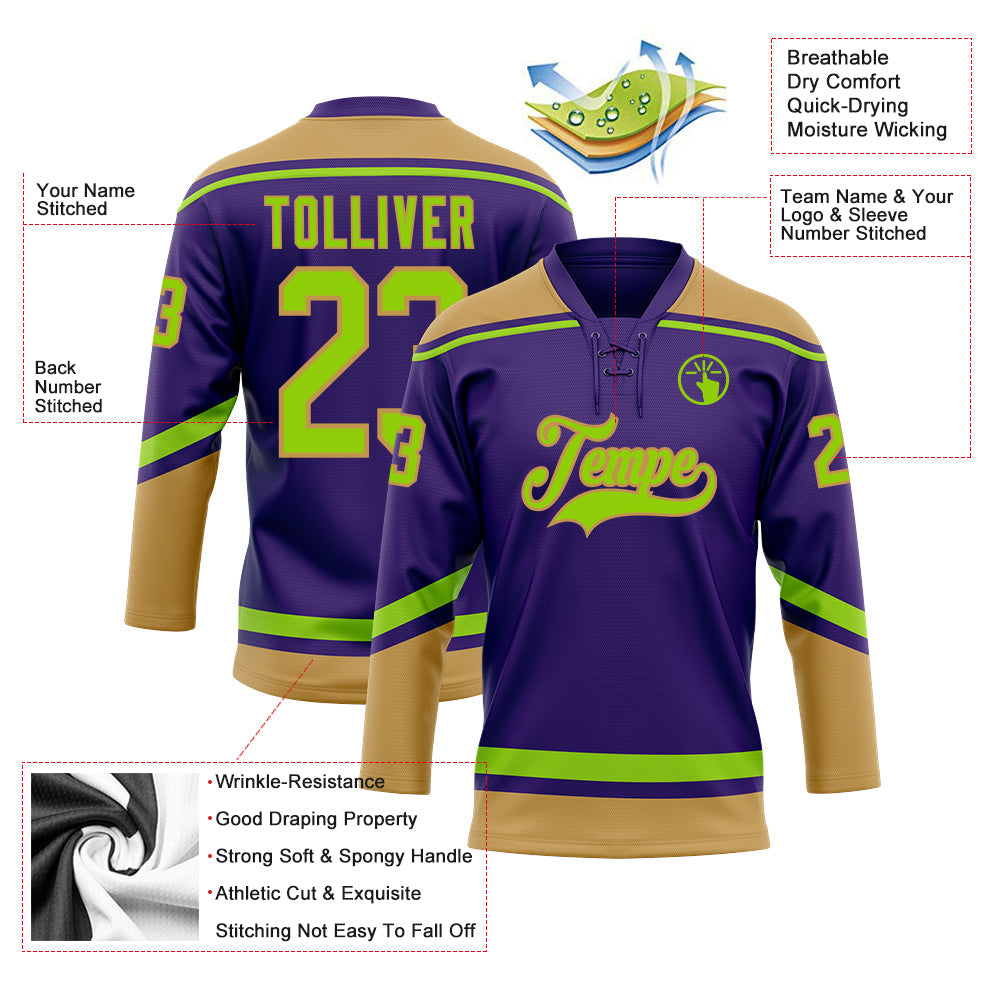 Custom Purple Neon Green-Old Gold Hockey Lace Neck Jersey - Sky-Custom
