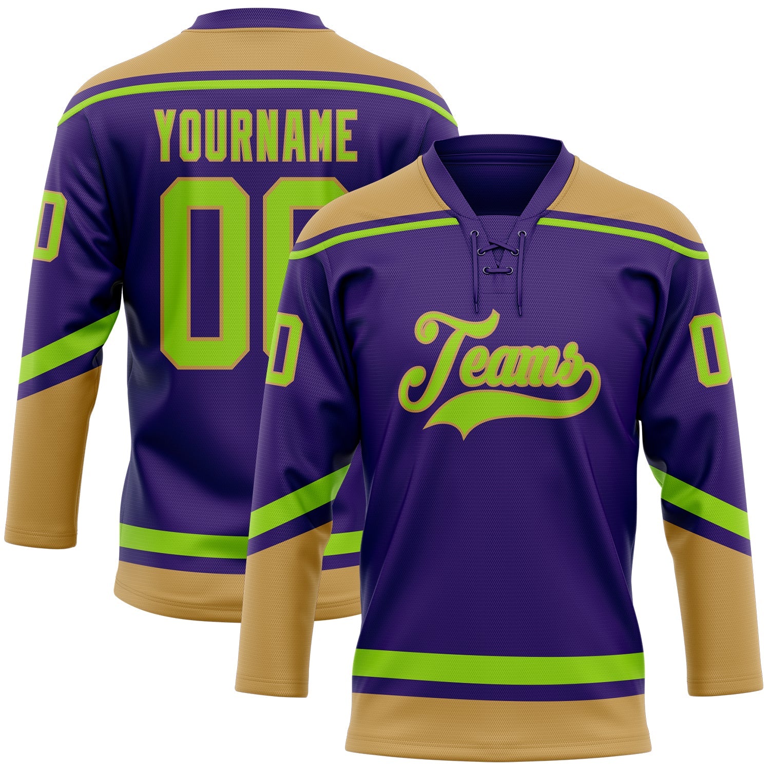Custom Purple Neon Green-Old Gold Hockey Lace Neck Jersey - Sky-Custom