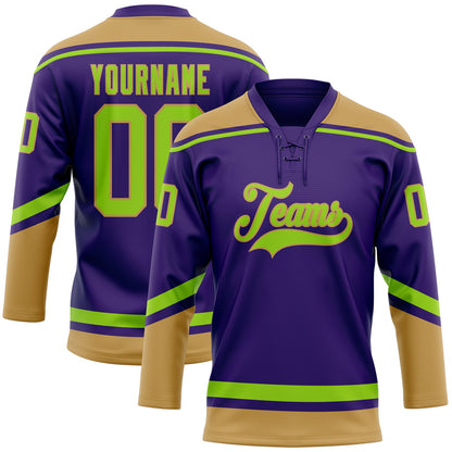 Custom Purple Neon Green-Old Gold Hockey Lace Neck Jersey - Sky-Custom