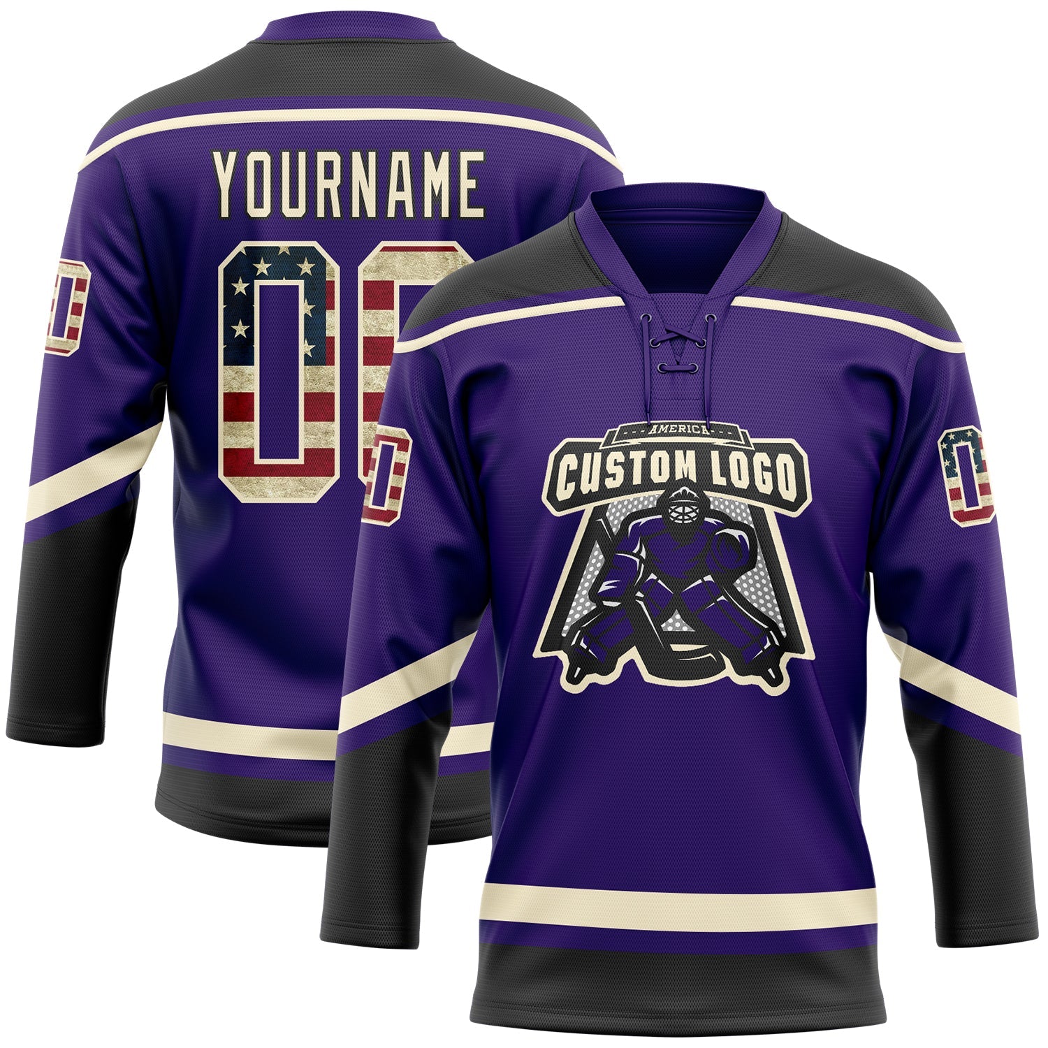 Custom Purple Vintage USA Flag Cream-Black Hockey Lace Neck Jersey - Sky-Custom