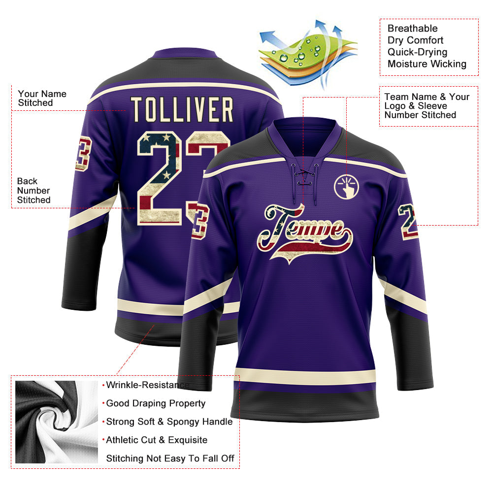 Custom Purple Vintage USA Flag Cream-Black Hockey Lace Neck Jersey - Sky-Custom