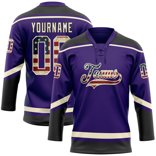 Custom Purple Vintage USA Flag Cream-Black Hockey Lace Neck Jersey - Sky-Custom