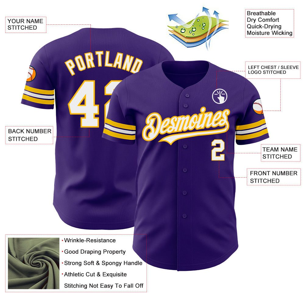 Custom Purple White-Gold Authentic Baseball Jersey - Sky-Custom