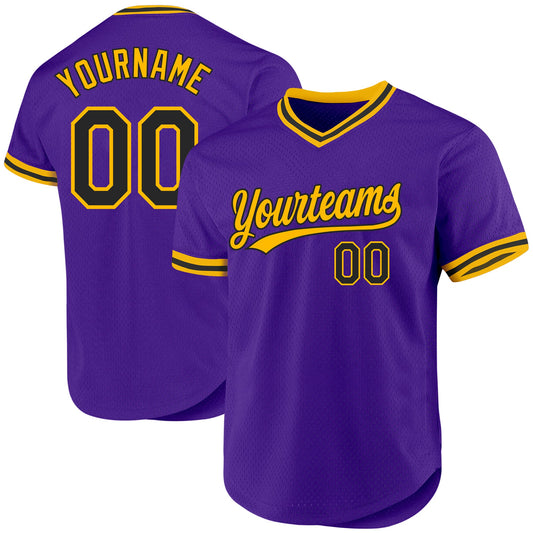 Custom Purple Black-Gold Authentic Throwback Baseball Jersey - Sky-Custom