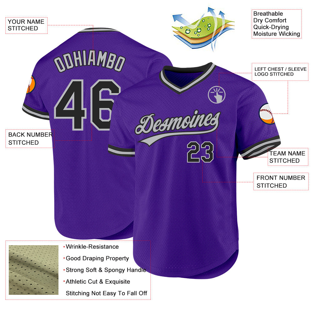 Custom Purple Black-Gray Authentic Throwback Baseball Jersey - Sky-Custom