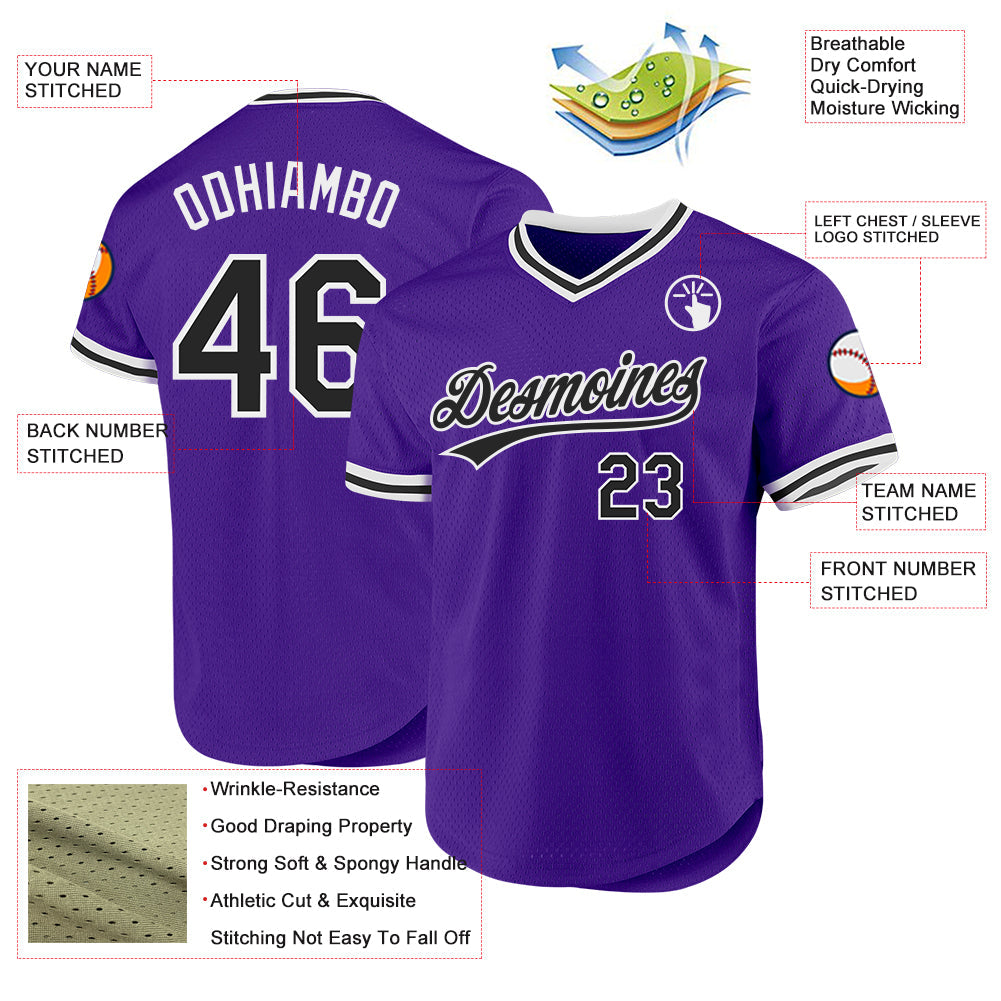 Custom Purple Black-White Authentic Throwback Baseball Jersey - Sky-Custom