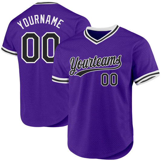Custom Purple Black-White Authentic Throwback Baseball Jersey - Sky-Custom