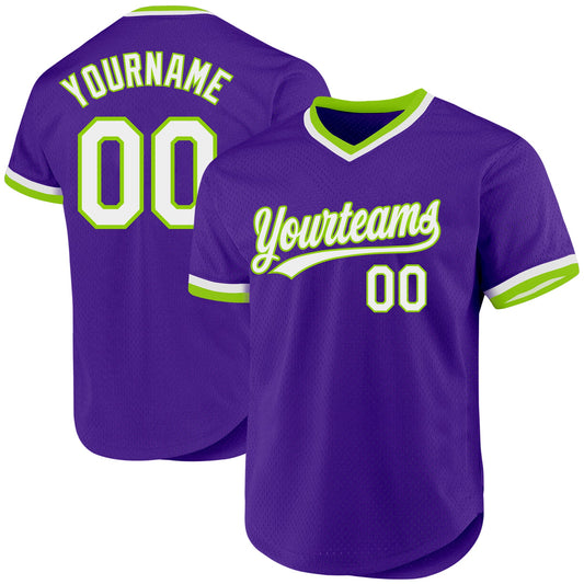 Custom Purple White-Neon Green Authentic Throwback Baseball Jersey - Sky-Custom
