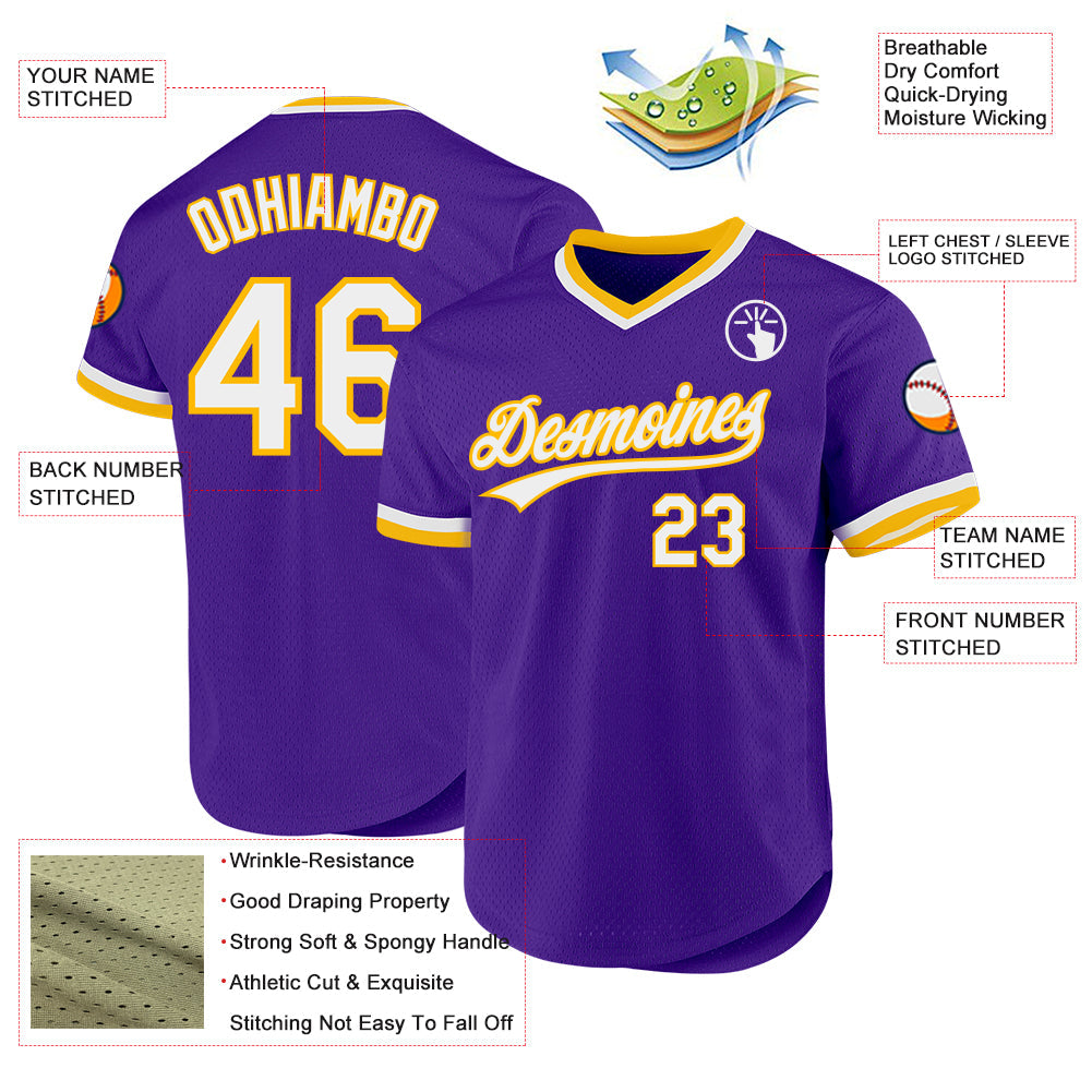 Custom Purple White-Gold Authentic Throwback Baseball Jersey - Sky-Custom